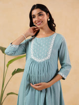 Women's Light Blue Dobby Pure Cotton Yoke Embroidered A-line Maternity Kurta Pant Set