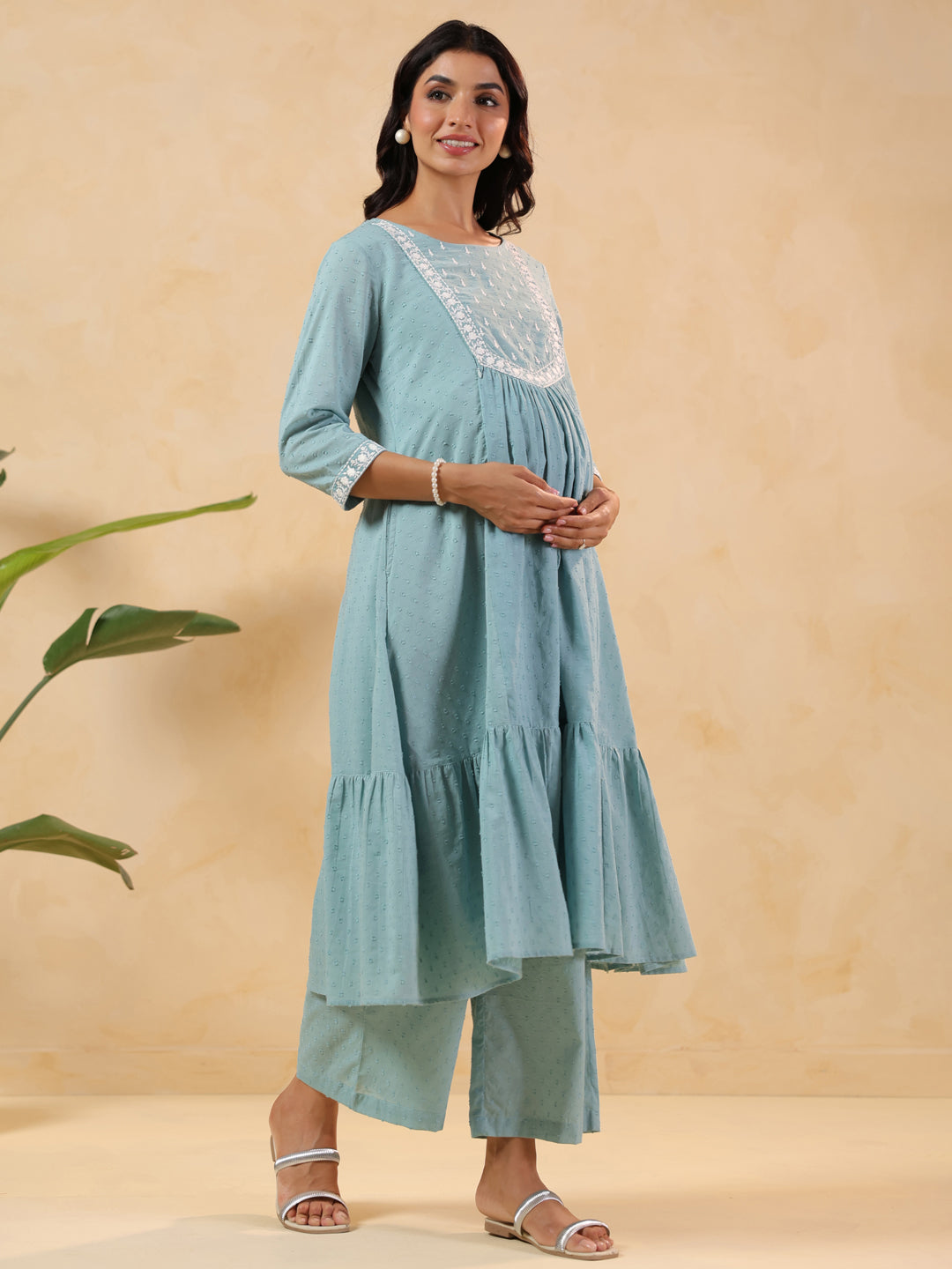 Women's Light Blue Dobby Pure Cotton Yoke Embroidered A-line Maternity Kurta Pant Set