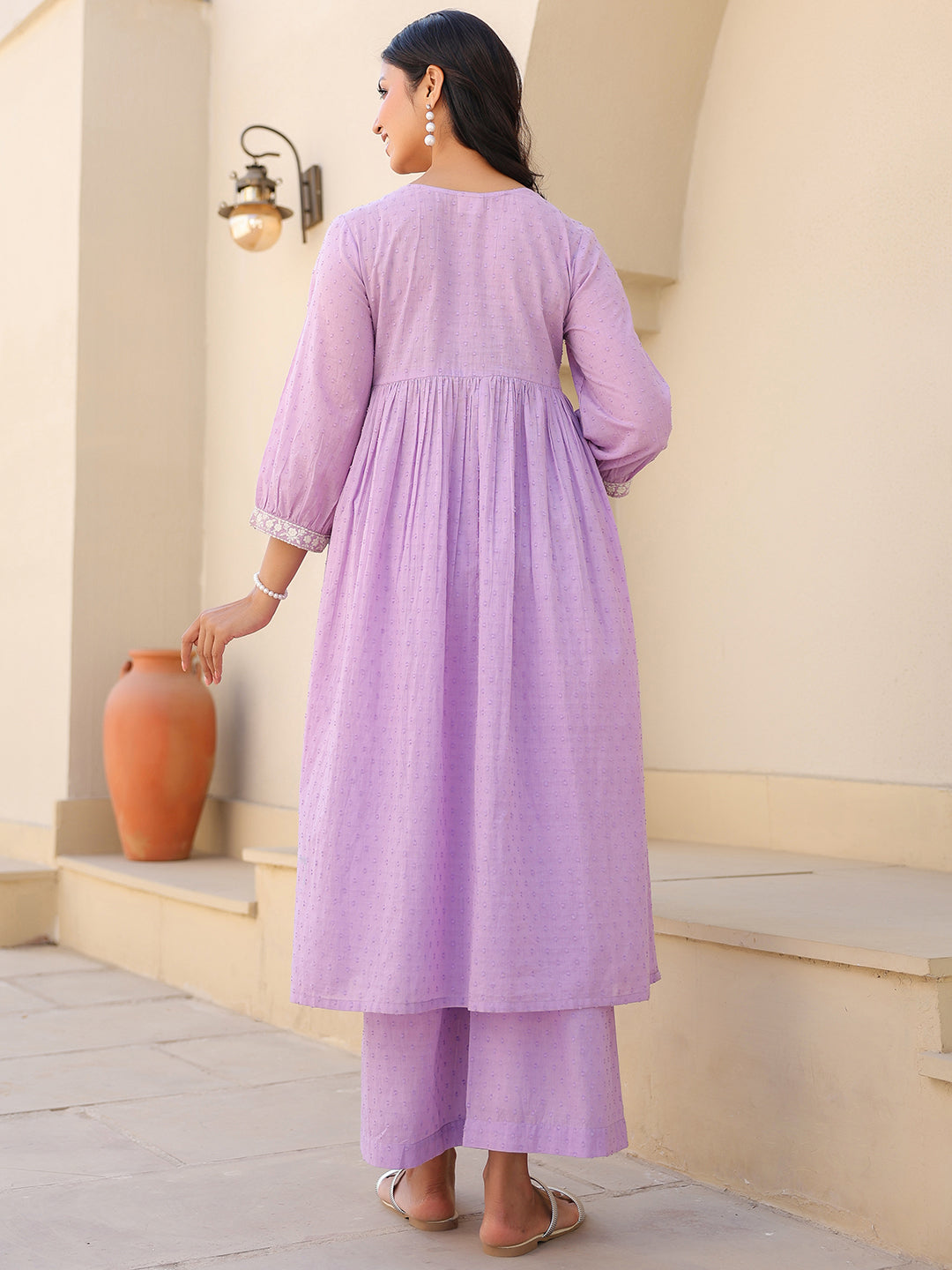 Women's Lavender Dobby Pure Cotton Yoke Embroidered A-line Maternity Kurta Pant Set