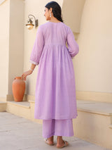 Women's Lavender Dobby Pure Cotton Yoke Embroidered A-line Maternity Kurta Pant Set