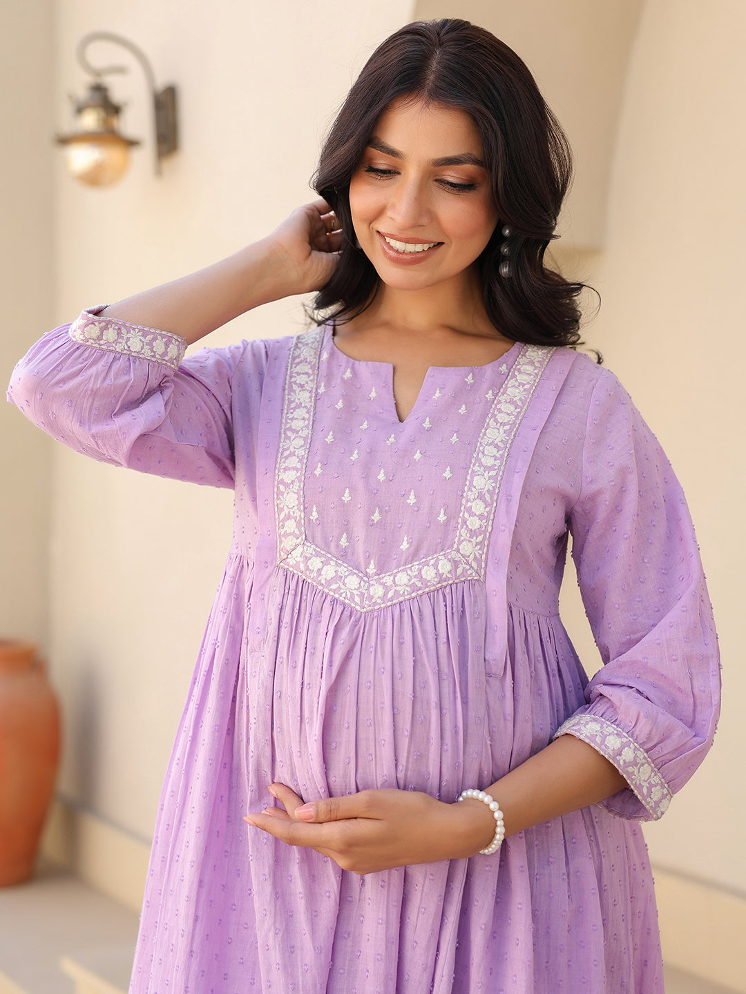 Women's Lavender Dobby Pure Cotton Yoke Embroidered A-line Maternity Kurta Pant Set