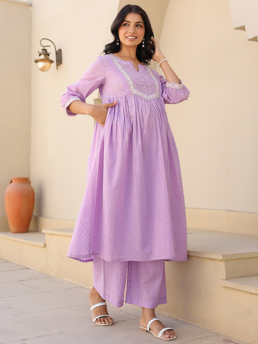 Women's Lavender Dobby Pure Cotton Yoke Embroidered A-line Maternity Kurta Pant Set
