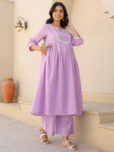 Women's Lavender Dobby Pure Cotton Yoke Embroidered A-line Maternity Kurta Pant Set
