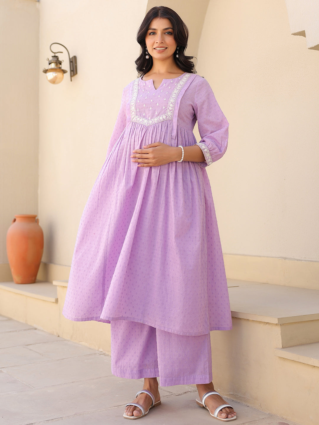 Women's Lavender Dobby Pure Cotton Yoke Embroidered A-line Maternity Kurta Pant Set