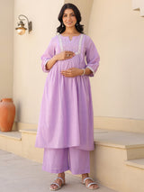 Women's Lavender Dobby Pure Cotton Yoke Embroidered A-line Maternity Kurta Pant Set