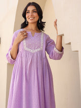 Women's Lavender Dobby Pure Cotton Yoke Embroidered A-line Maternity Kurta Pant Set