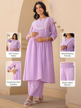 Women's Lavender Dobby Pure Cotton Yoke Embroidered A-line Maternity Kurta Pant Set