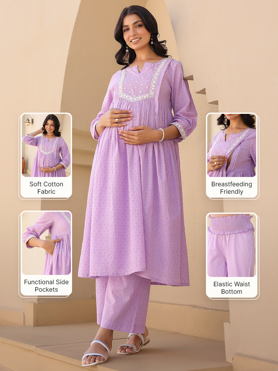 Women's Lavender Dobby Pure Cotton Yoke Embroidered A-line Maternity Kurta Pant Set