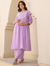 Women's Lavender Dobby Pure Cotton Yoke Embroidered A-line Maternity Kurta Pant Set