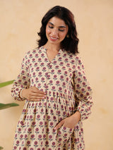 Women's Cream Pure Cotton Floral Printed A-line Maternity Kurta Pant Set