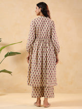 Women's Cream Pure Cotton Floral Printed A-line Maternity Kurta Pant Set