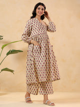 Women's Cream Pure Cotton Floral Printed A-line Maternity Kurta Pant Set