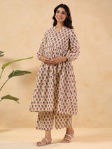 Women's Cream Pure Cotton Floral Printed A-line Maternity Kurta Pant Set