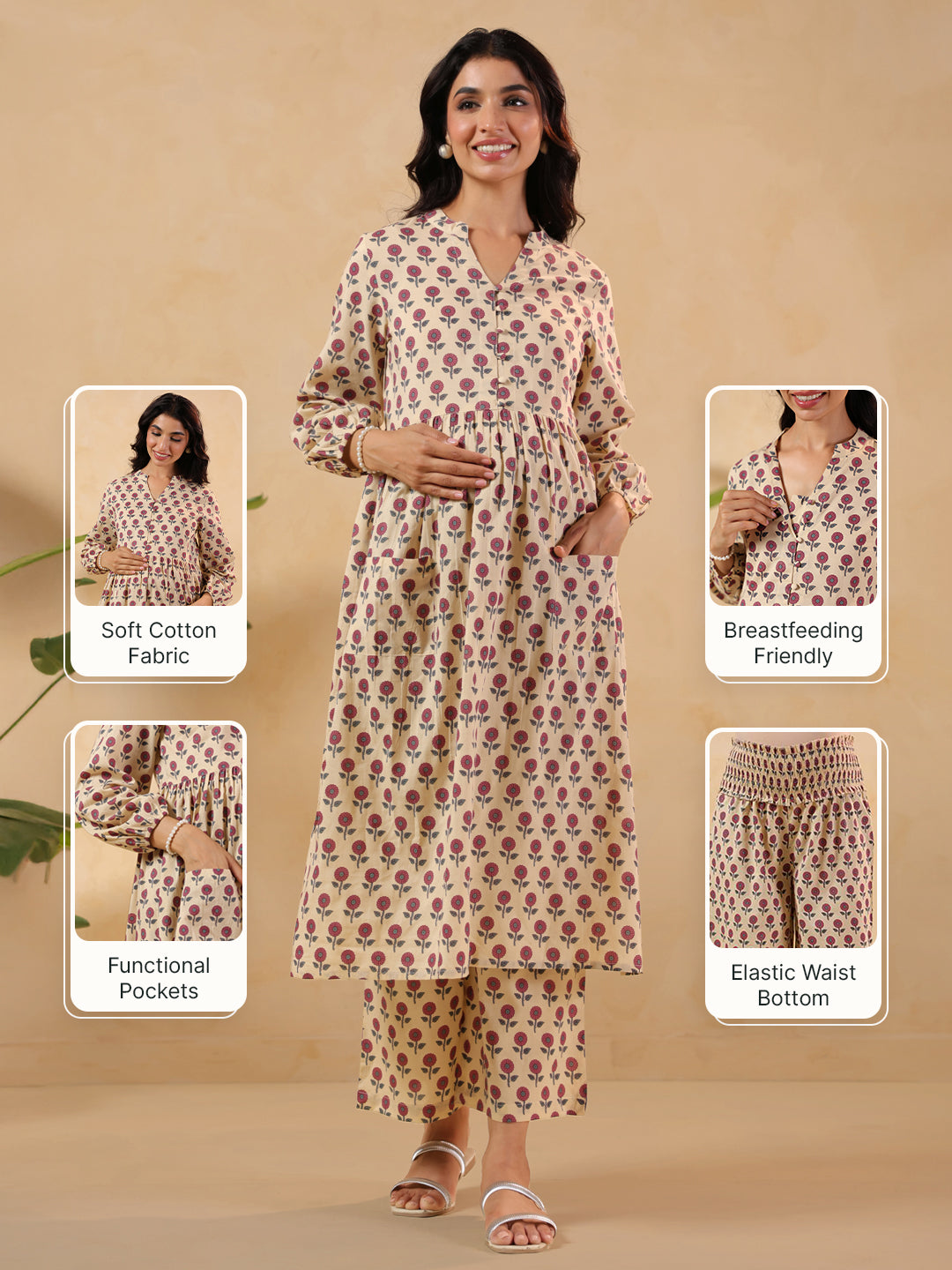 Women's Cream Pure Cotton Floral Printed A-line Maternity Kurta Pant Set