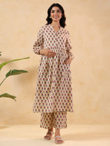 Women's Cream Pure Cotton Floral Printed A-line Maternity Kurta Pant Set
