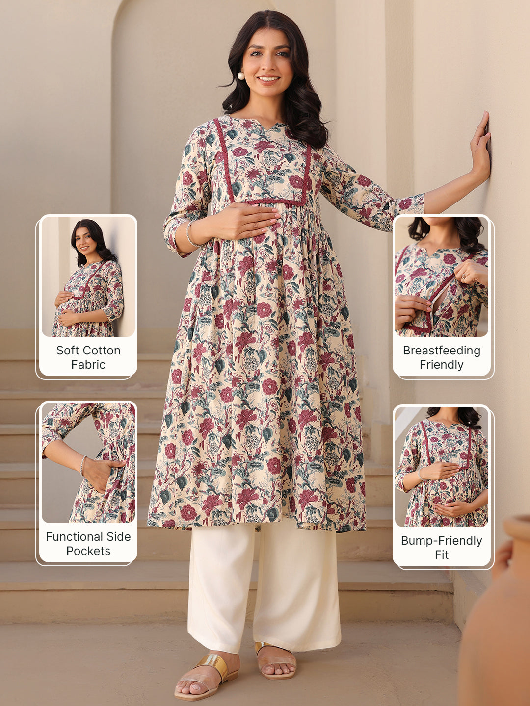 Cream Pure Cotton Floral Printed Gathered Maternity Kurta