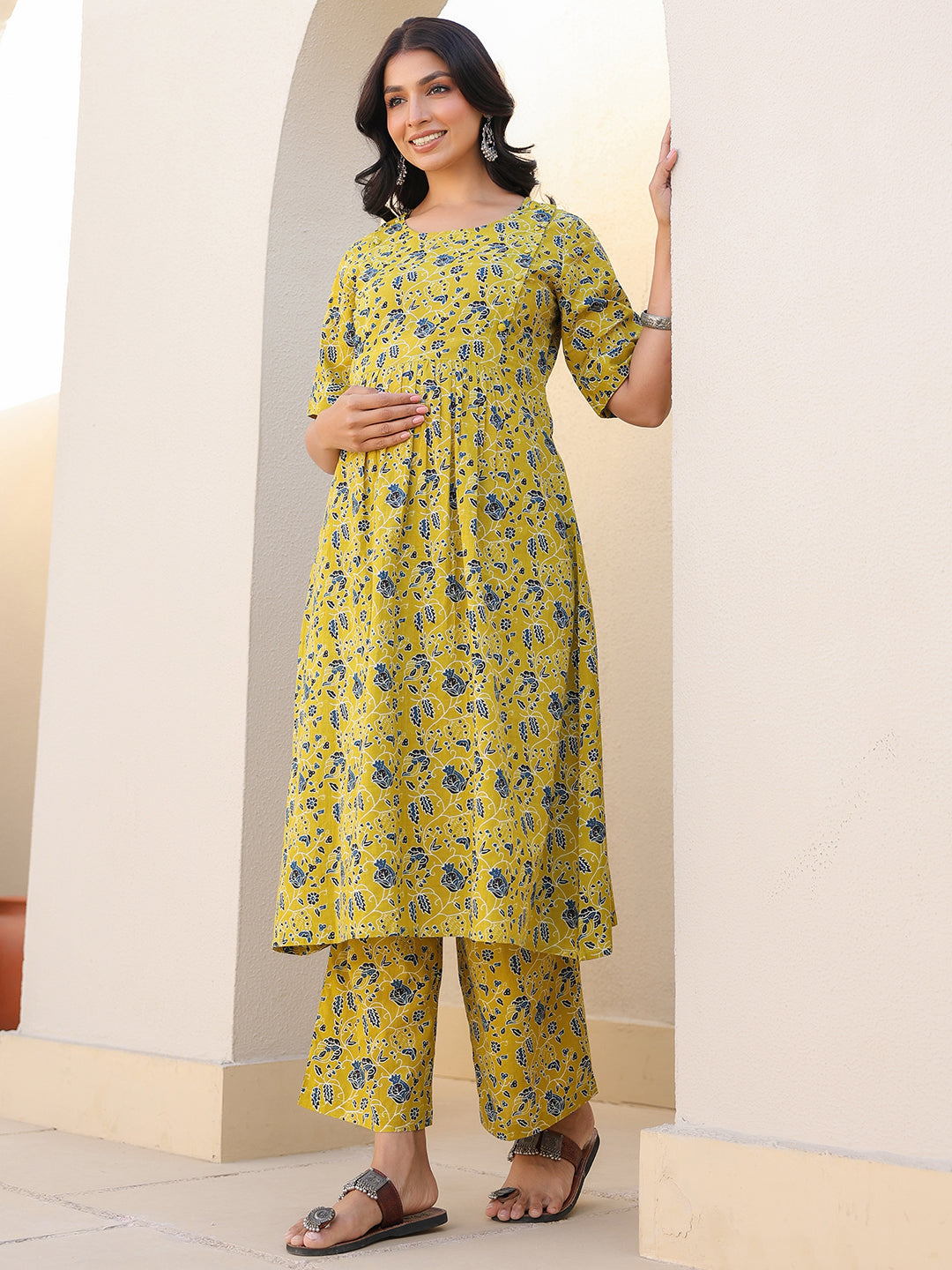 Lime Yellow Pure Cotton Floral Printed A-line Maternity Kurta Pant Set