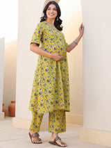 Lime Yellow Pure Cotton Floral Printed A-line Maternity Kurta Pant Set