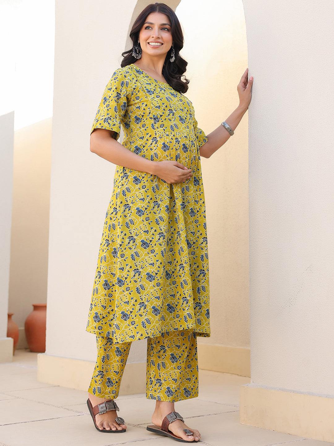 Lime Yellow Pure Cotton Floral Printed A-line Maternity Kurta Pant Set