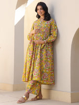 Mustard Pure Cotton Floral Printed A-line Maternity Kurta Pant Set