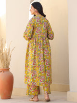 Mustard Pure Cotton Floral Printed A-line Maternity Kurta Pant Set