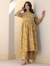 Mustard Pure Cotton Floral Printed A-line Maternity Kurta Pant Set