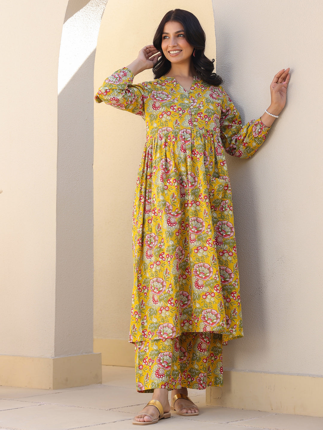 Mustard Pure Cotton Floral Printed A-line Maternity Kurta Pant Set