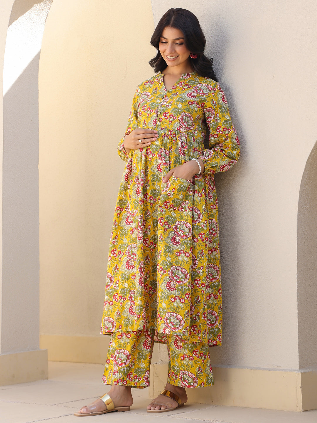 Mustard Pure Cotton Floral Printed A-line Maternity Kurta Pant Set