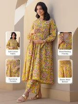 Mustard Pure Cotton Floral Printed A-line Maternity Kurta Pant Set