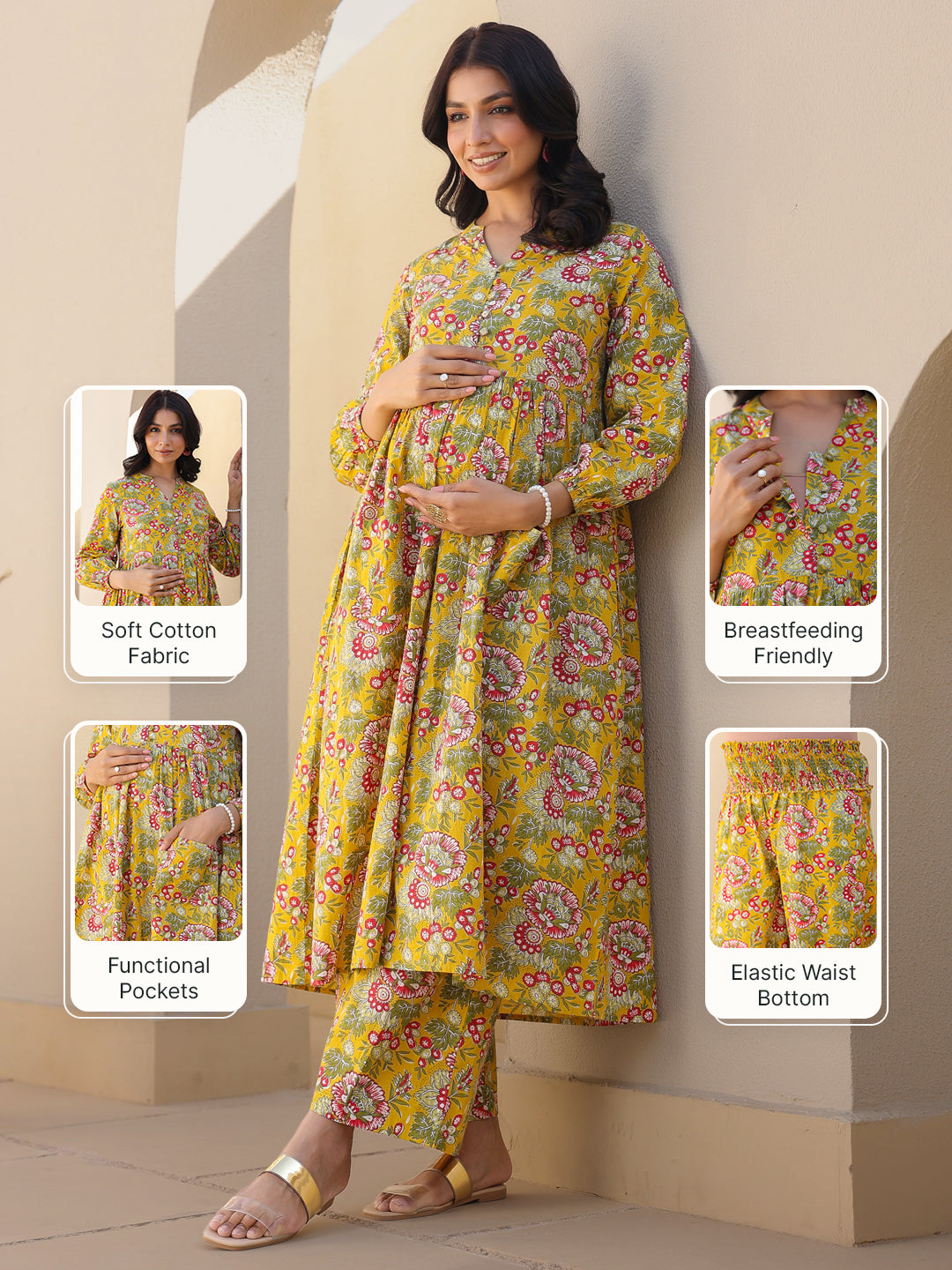 Mustard Pure Cotton Floral Printed A-line Maternity Kurta Pant Set