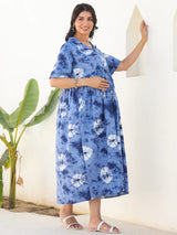 Blue Pure Cotton Tie & Dye Gathered Maternity Dress