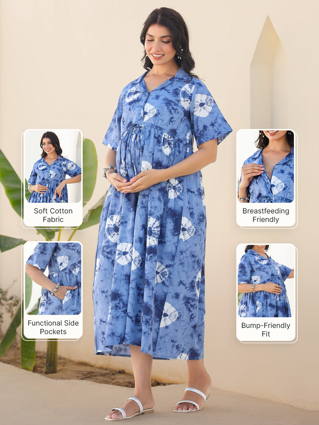 Blue Pure Cotton Tie & Dye Gathered Maternity Dress