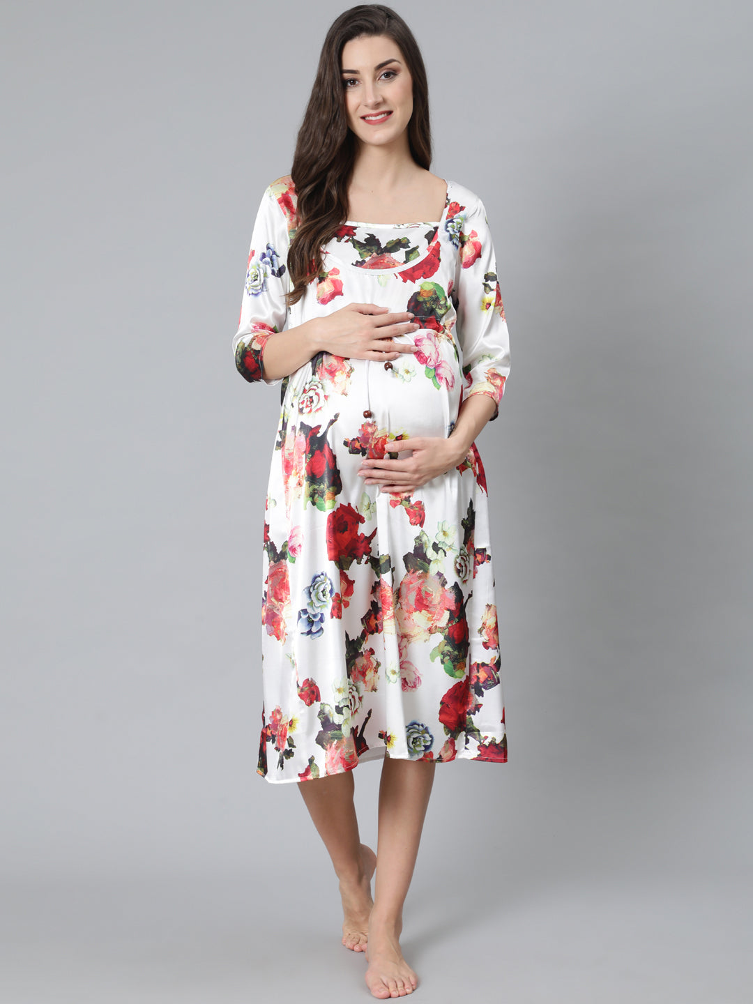 White Floral Print Night Dress - Elganza