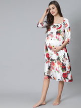 White Floral Print Night Dress - Elganza