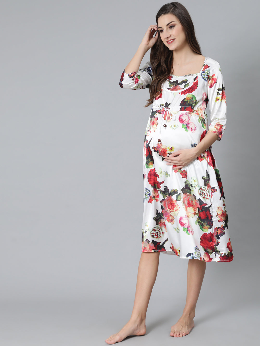 White Floral Print Night Dress - Elganza