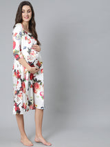 White Floral Print Night Dress - Elganza