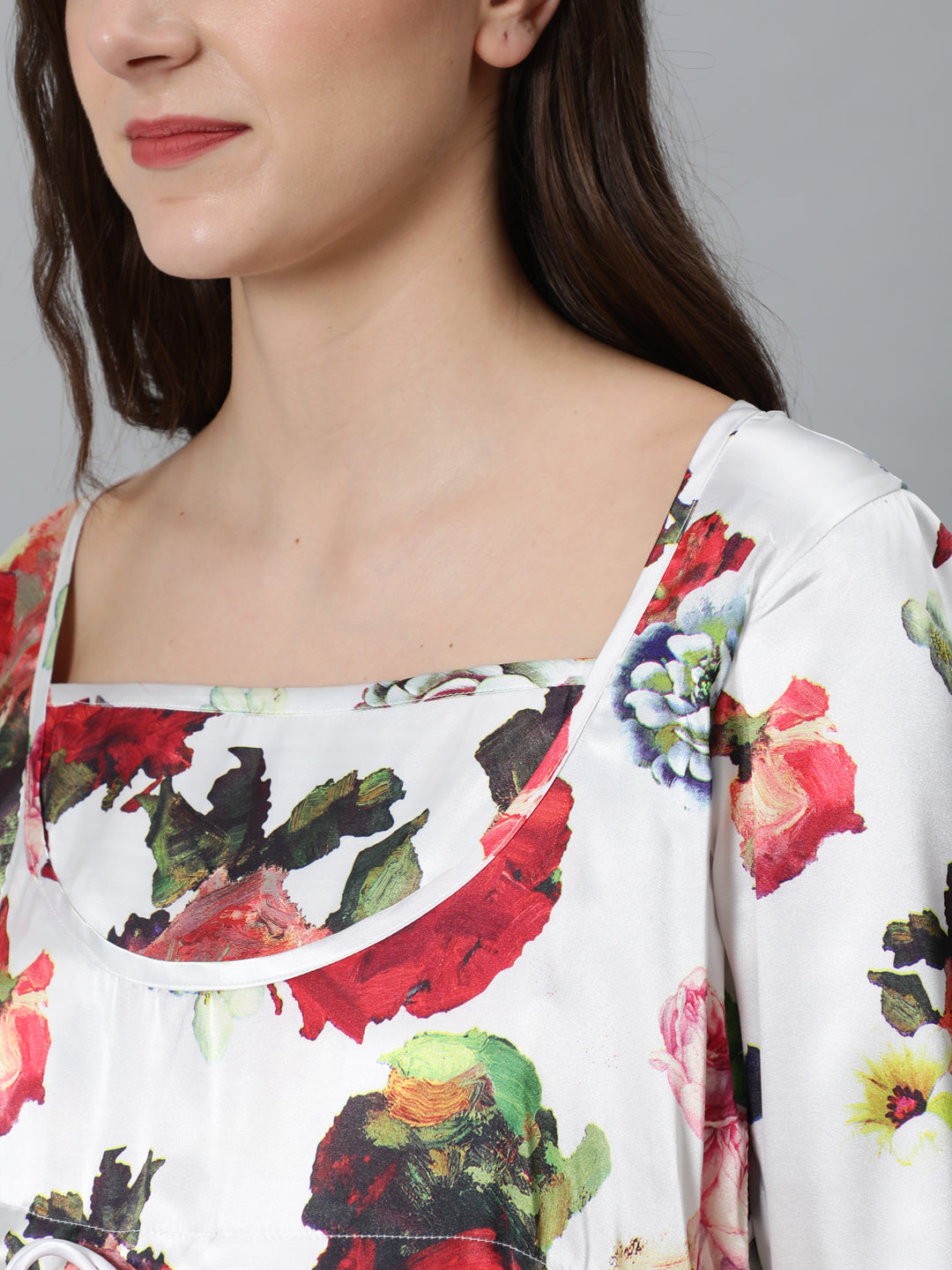 White Floral Print Night Dress - Elganza