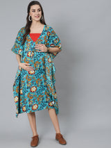 Green Floral Print Kaftan Dress - Elganza