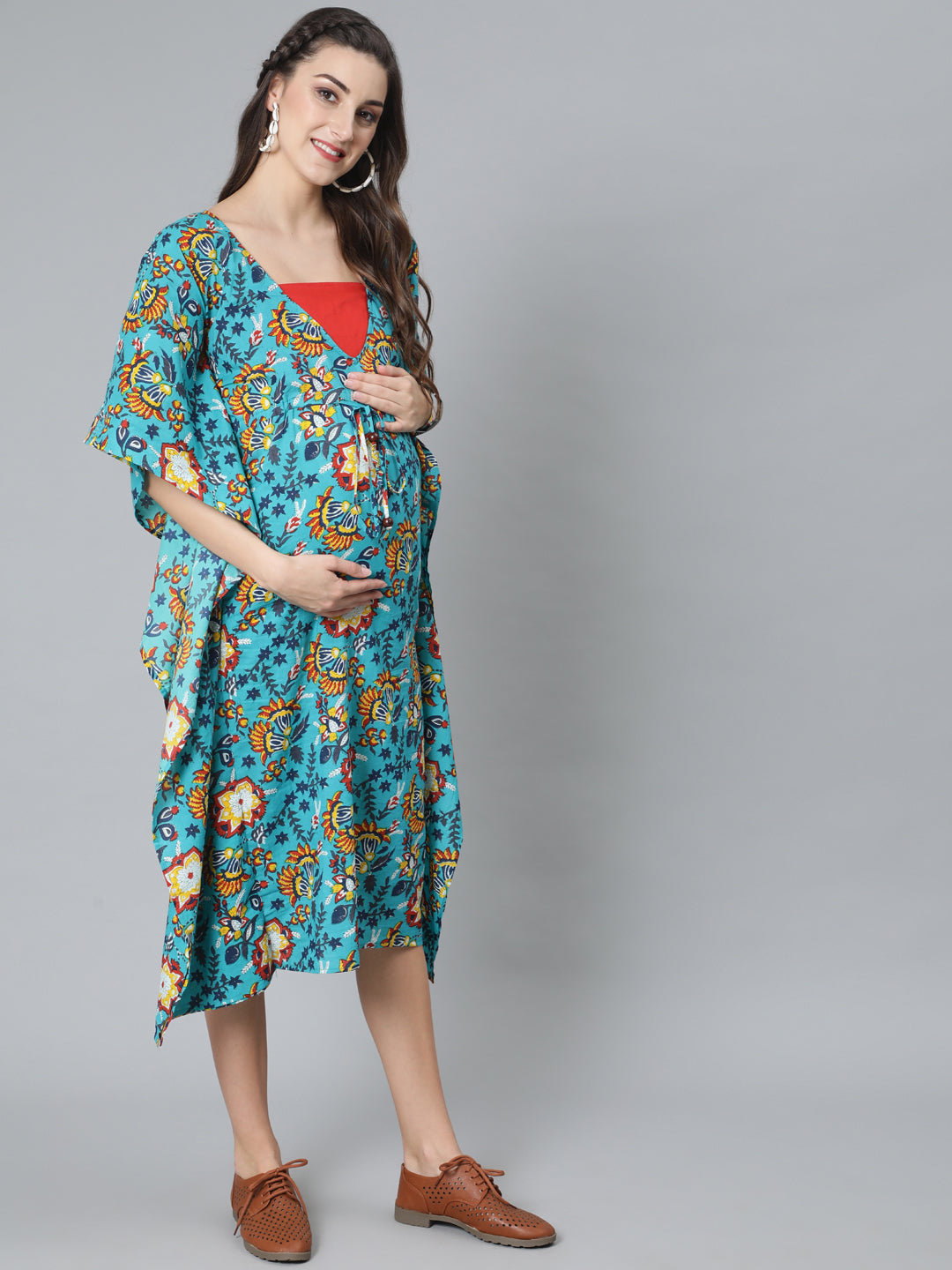 Green Floral Print Kaftan Dress - Elganza