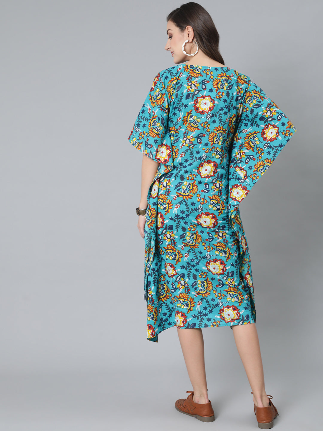 Green Floral Print Kaftan Dress - Elganza