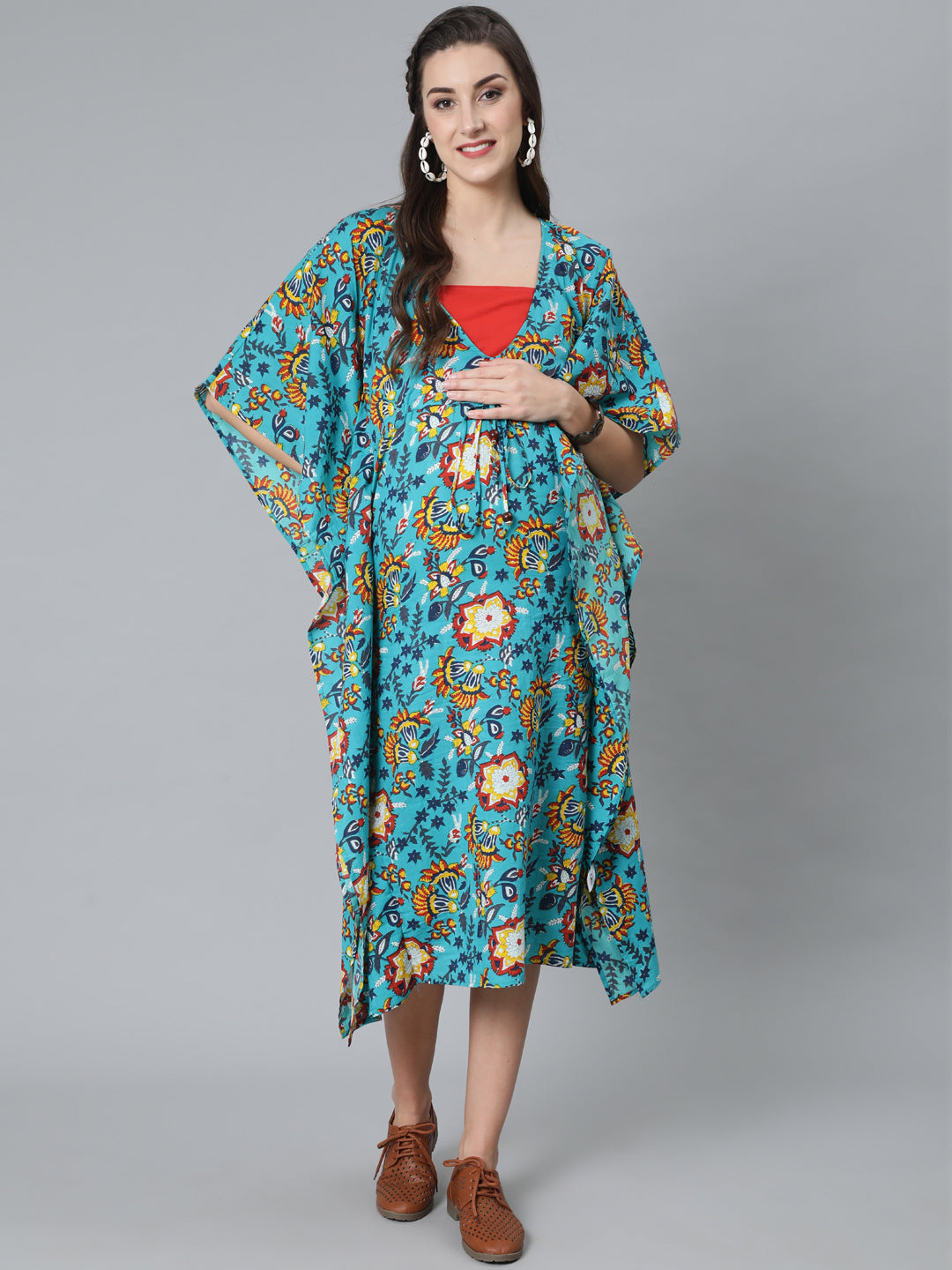 Green Floral Print Kaftan Dress - Elganza