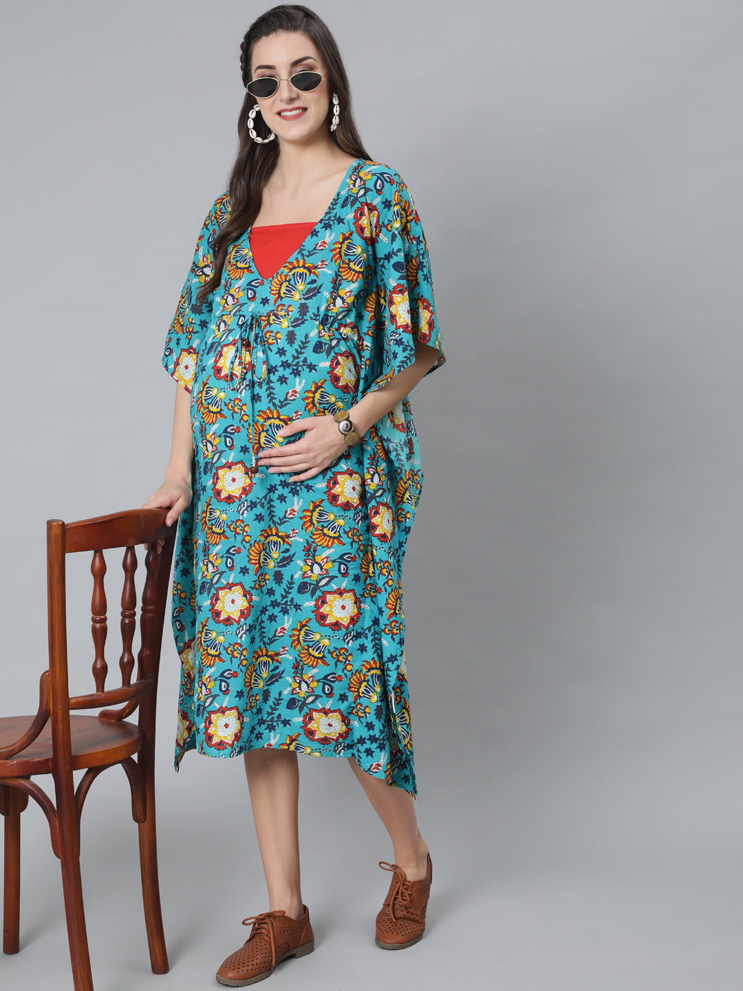 Green Floral Print Kaftan Dress - Elganza