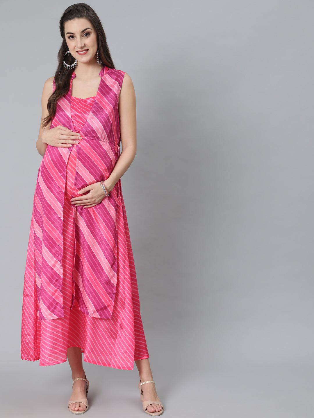 Pink Leheriya Print Maxi Dress - Elganza
