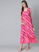 Pink Leheriya Print Maxi Dress - Elganza