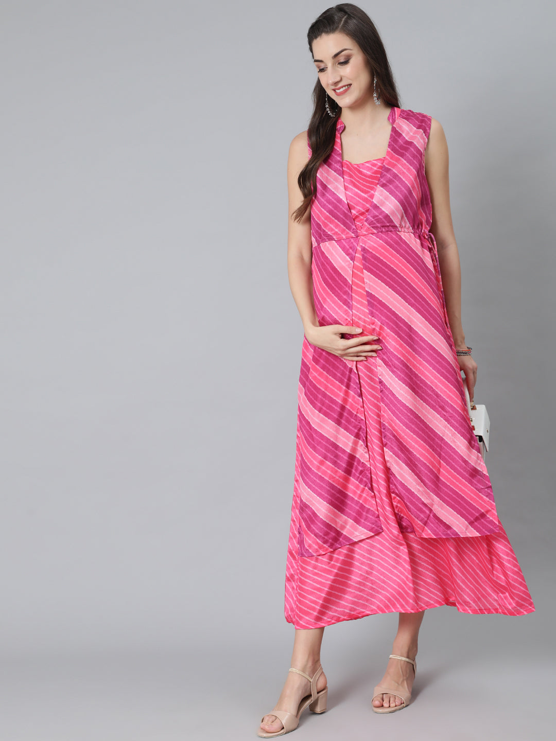 Pink Leheriya Print Maxi Dress - Elganza