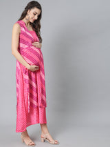 Pink Leheriya Print Maxi Dress - Elganza