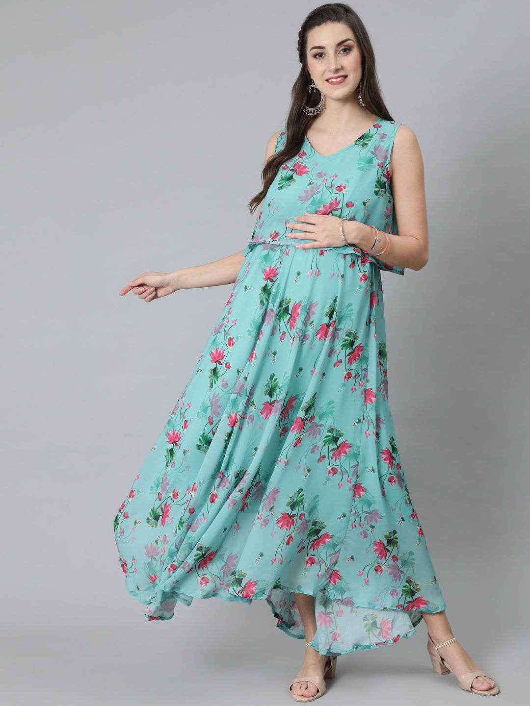 Blue Floral Print Maxi Dress - Elganza