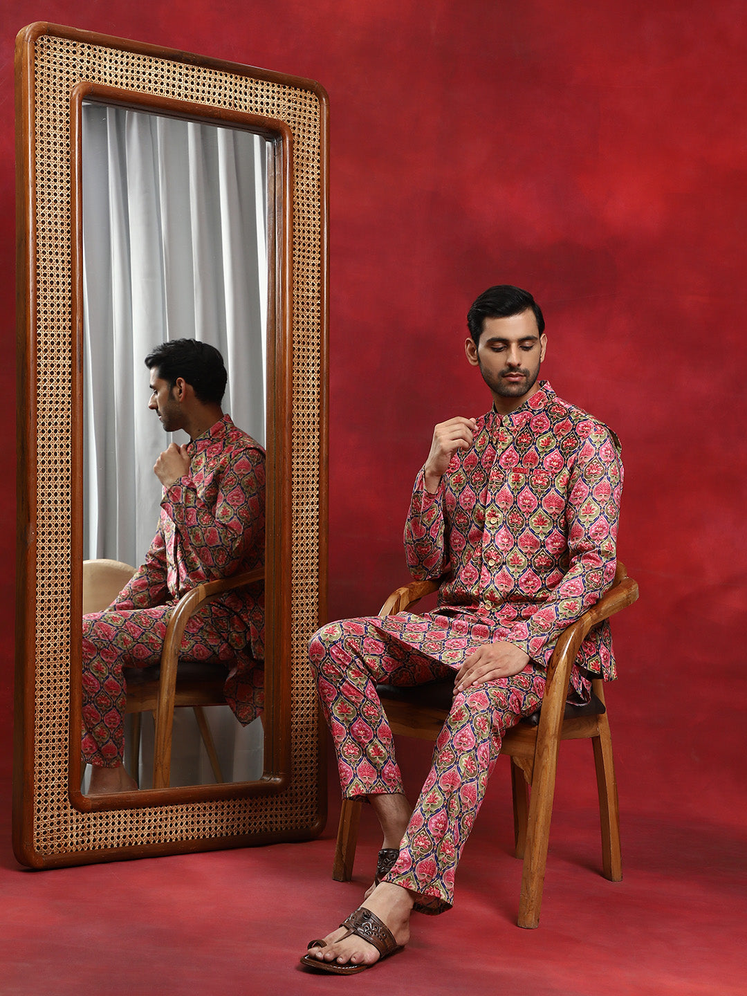Multicolor Printed Kurta Pyjama With Nehru Jacket