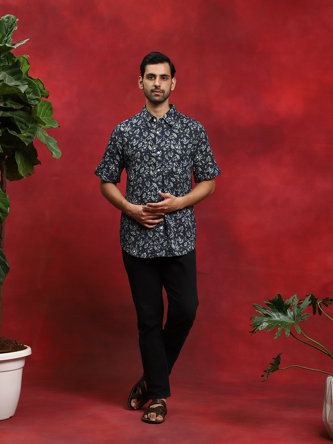 Navy Blue Floral Print Couple Combo Set