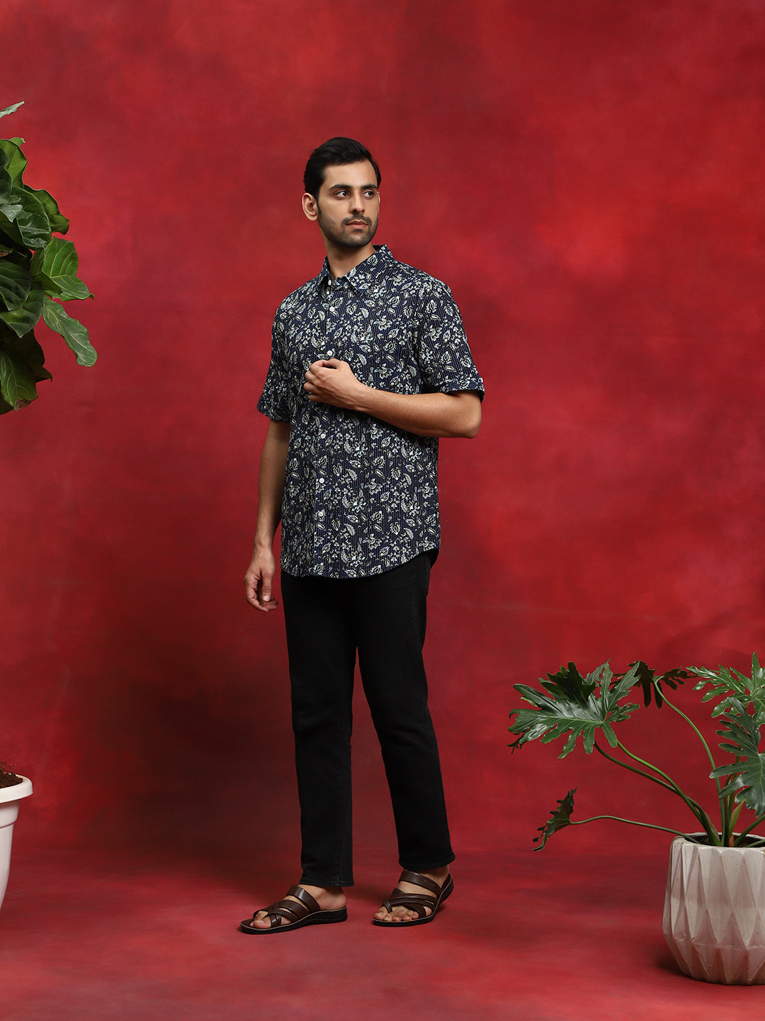 Navy Blue Floral Print Couple Combo Set